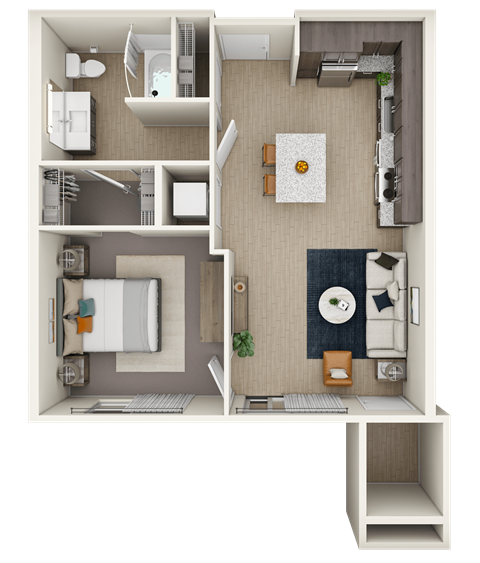 Floor plan for 1 bed, 1 bath, 708 sqft